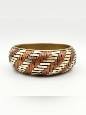 Vtg Multi Metals Woven Wide Bangle Bracelet In Brass Copper & Bronze Basketweave